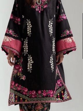 Black Embroidered Floral Tunic with Pink Accents